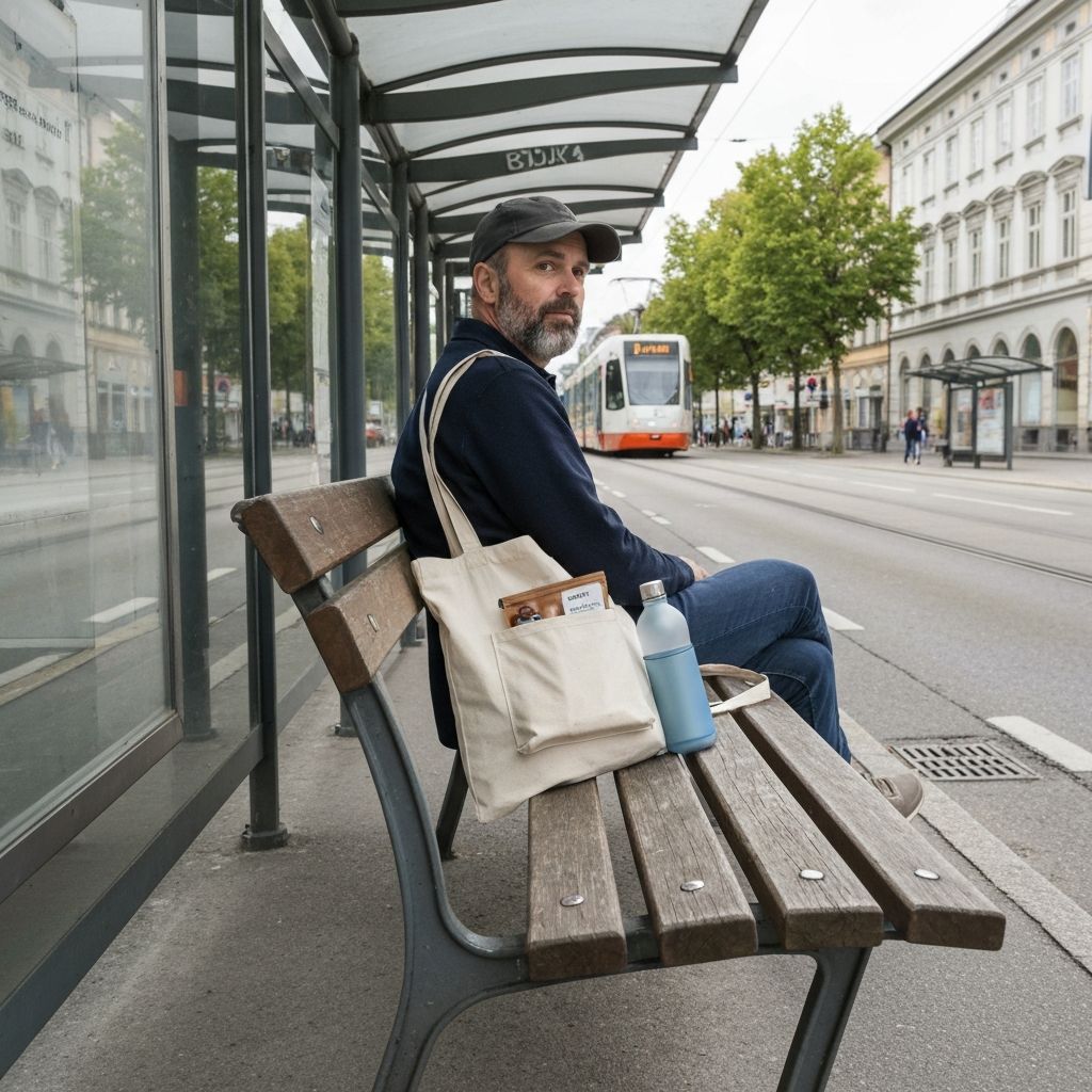 Tramhaltestelle mit Banksitzplatz, Leinentasche mit Supplement-Pouch und Wasserflasche im urbanen Wiener Setting