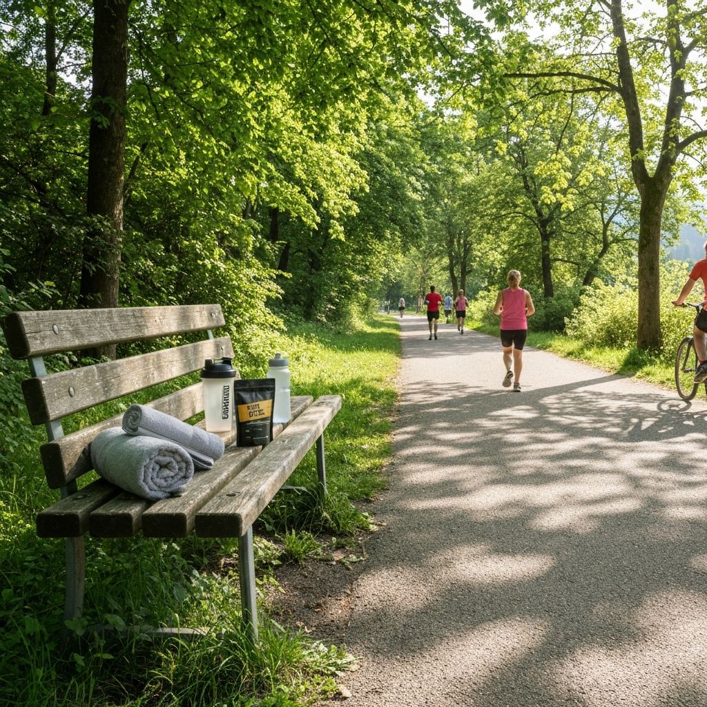 Parkpfad in Österreich mit Bank, Supplement-Pouch, Protein-Shaker, Handtuch und Wasserflasche im Grünen